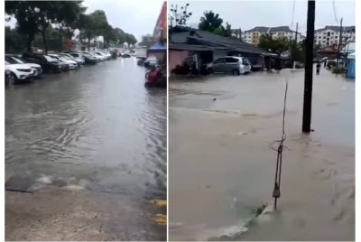 Keadaan di Larkin Perdana yang turut dilanda banjir kilat.- Foto tular (Kanan: Foto tular keadaan banjir kilat di Kampung Dato Hajah Hasnah Majidee yang berlaku pada petang Selasa.)