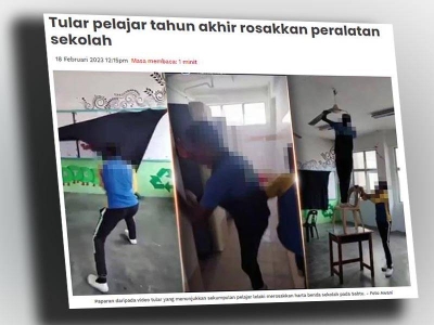 Tular di media sosial rakaman video sekumpulan pelajar lelaki merosakkan harta benda sekolah, pada Sabtu.