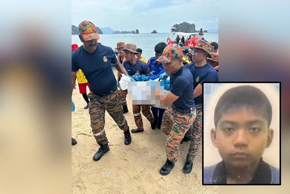 Mangsa ditemukan pada jam 1.24 petang pada Ahad di lokasi dia dilaporkan hilang di Pantai Tanjung Rhu, Langkawi pada Sabtu. - Foto Bomba (Gambar kecil: Muhammad Fahmi)