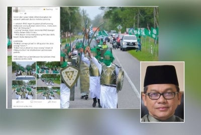 Perarakan sekumpulan Pemuda Pas bersama replika senjata ketika Himpunan Pemuda Islam Terengganu (Himpit) 2023 yang berlangsung pada 17 dan 18 Februari di Setiu mencetuskan pelbagai polemik di media sosial. Gambar kecil: Mohd Na'im