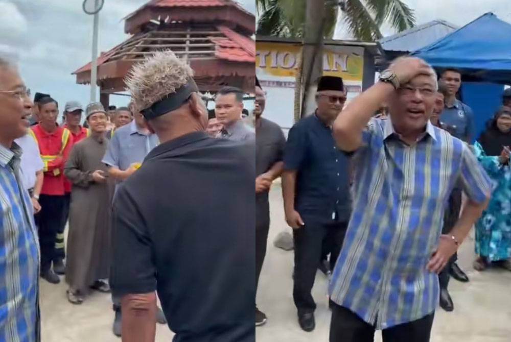 Gambar kiri: Tangkap layar video Al-Sultan Abdullah berswafoto bersama pemuda yang 'prank' Seri Paduka Baginda secara tidak sengaja dengan gaya rambutnya. Gambar kanan: Al-Sultan Abdullah menepuk dahi selepas terkena 'prank' seorang pemuda berambut ala Naruto.