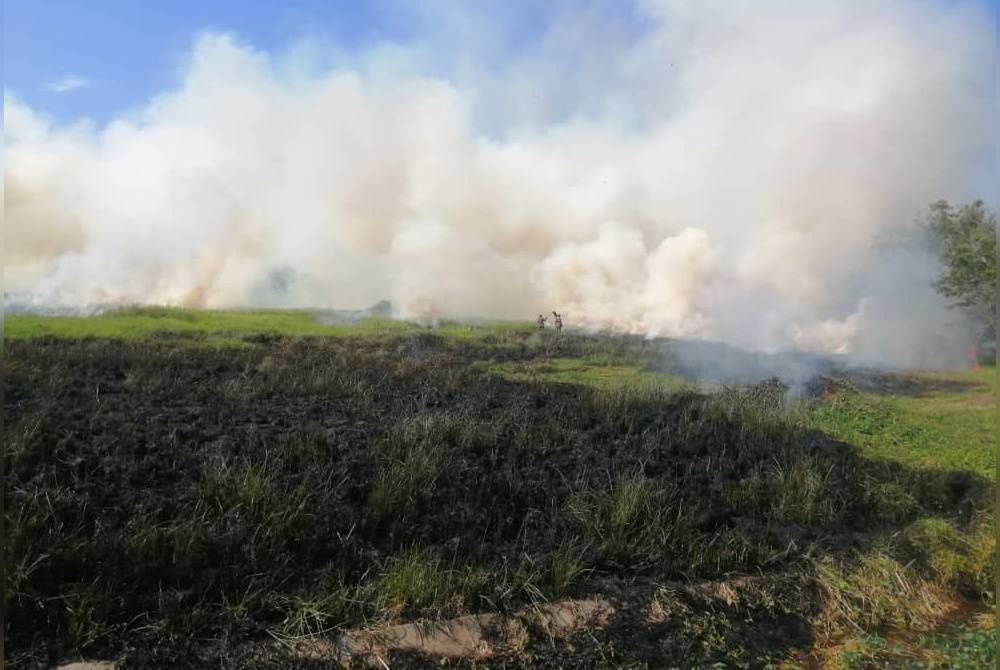 Kawasan lalang di tepi jalan Lebuhraya Utara Selatan terbakar pada pagi Selasa. - Foto JBPM Kedah