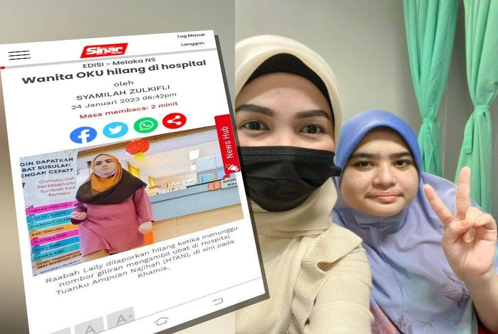 Laporan Sinar Harian mengenai kehilangan Rabaah. Rabaah (kanan) bersama sepupunya ketika menunggu discaj di Hospital Kuala Lumpur. - Foto Azizah Husin