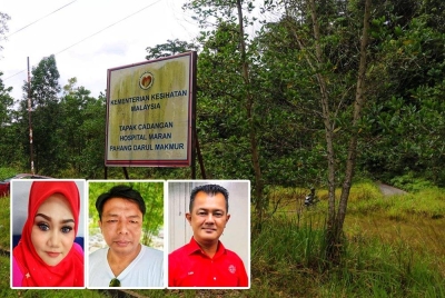 Tapak pembinaan Hospital Maran yang masih belum direalisasikan sehingga kini (Gambar dalam dari kiri : Mimi Syam,Juhari,Azizi)