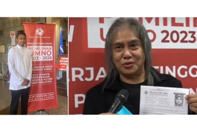 Wan Emir ketika ditemui media pada Ahad selepas menghantar borang pencalonan. (Kanan: Nasir menghantar borang pencalonan isterinya Noraziah di Auditorium Menara Dato’ Onn pada Khamis.)