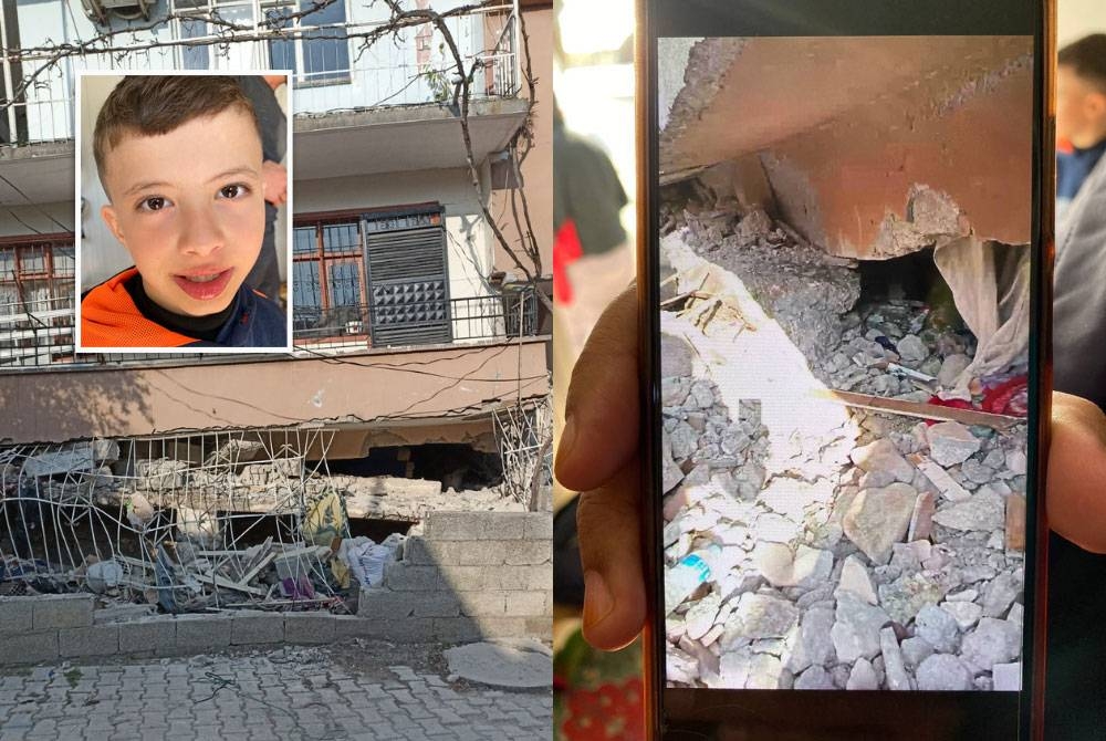 Gambar kiri: Bangunan kediaman keluarga Waleed di tingkat paling bawah musnah sepenuhnya dalam kejadian gempa bumi berukuran 7.8 skala Richter yang menggegar Turkiye pada 6 Februari lalu. Gambar kanan: Waleed dikeluarkan melalui lubang runtuhan ini selepas dua hari terperangkap dalam runtuhan bangunan kediamannya di Antakya, Turkiye pada 6 Februari lalu. (Gambar kecil: Waleed Da'bal)