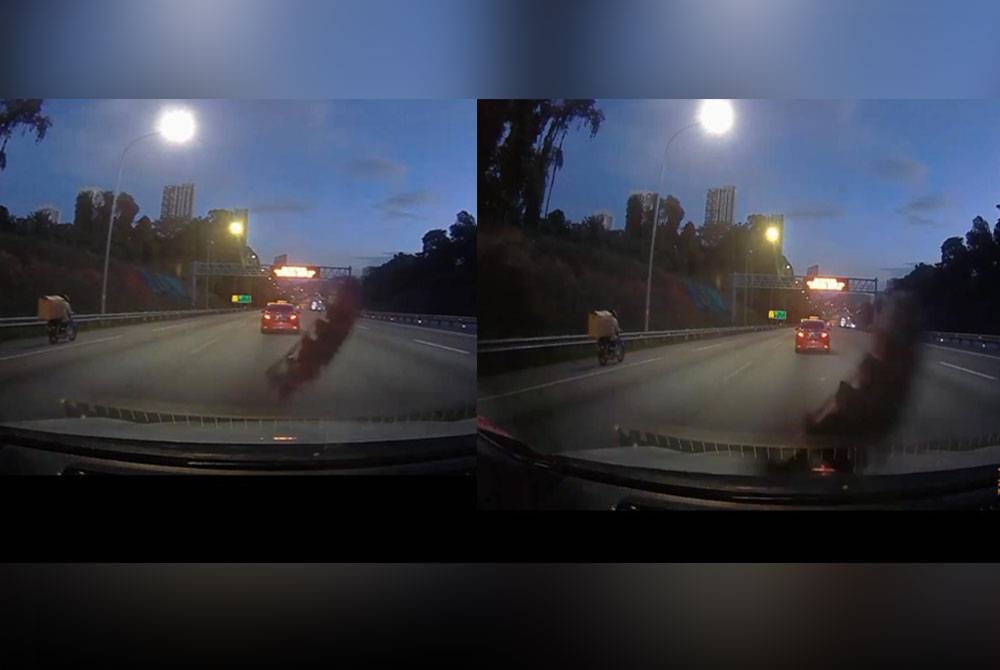 Rakaman kamera papan pemuka memaparkan serpihan tayar menghentam kenderaan yang dipandu mangsa.