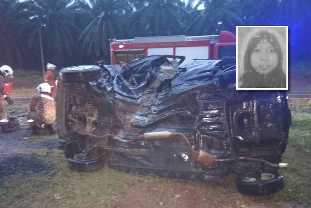 Keadaan kereta yang terbabas hingga meragut nyawa pemandu dalam kejadian di Felda Jengka 19, Bandar Pusat Jengka pada Rabu. (Gambar kecil: Nur Syuhada Husni)