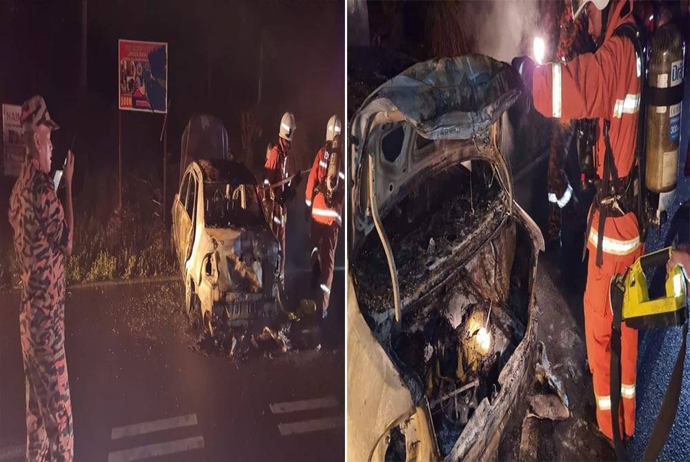 Anggota bomba memeriksa kenderaan yang terbakar yang dikatakan turut membawa daun ketum.