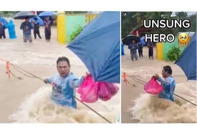 Seorang lelaki berpaut pada tali sambil meredah arus deras banjir untuk menyampaikan bantuan banjir ke PPS. - Foto video TikTok Zurainiswarno