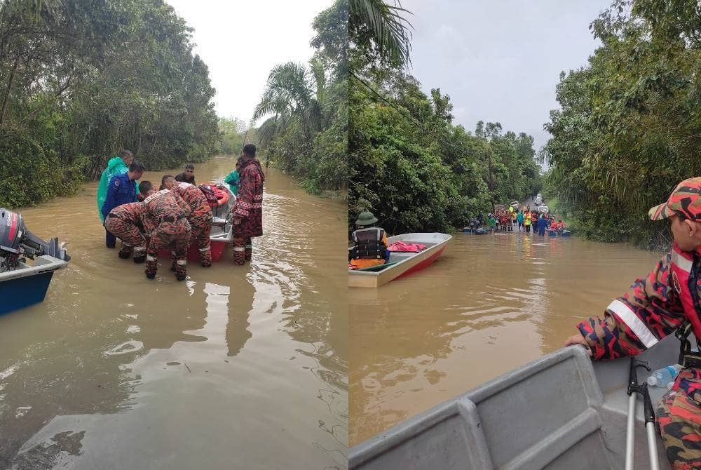 Anggota bomba dari BBP Muadzam Shah ke lokasi untuk operasi mencari dan menyelamat mangsa lemas di Kampung Aur, Bukit Ibam pada Jumaat.