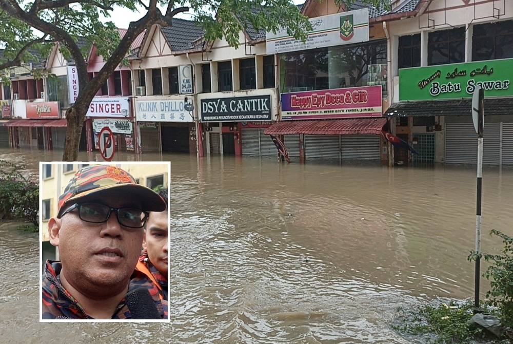 Keadaan premis kedai di bandar Kota Tinggi yang landa banjir. Gambar kecil: Tahrin
