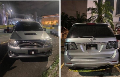 Sebuah kenderaan jenis Toyota Fortuner berwarna perak disita setelah polis menahan tiga lelaki di kawasan parkir sebuah kondominium Sri Damansara, dekat sini.