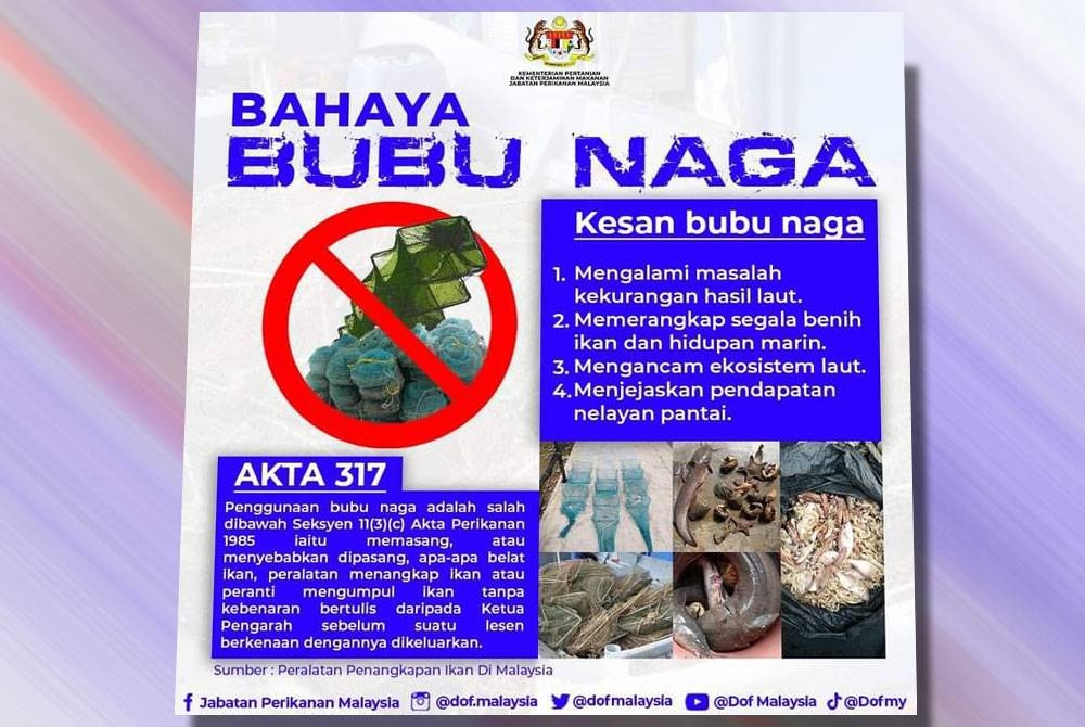 Hebahan berkaitan kesan penggunaan bubu naga menerusi media sosial oleh Jabatan Perikanan Malaysia.