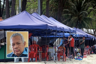 Deretan khemah sewa yang diletakkan di persisiran pantai. - Foto Bernama. (Gambar kecil: Mohd Zamri)