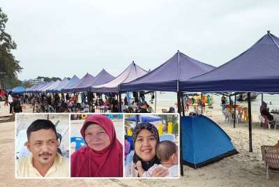 Sebahagian deretan khemah yang penuh disewa pelanggan. Gambar kecil: Mohd Sani, Asmah dan Nur Fazrina.
