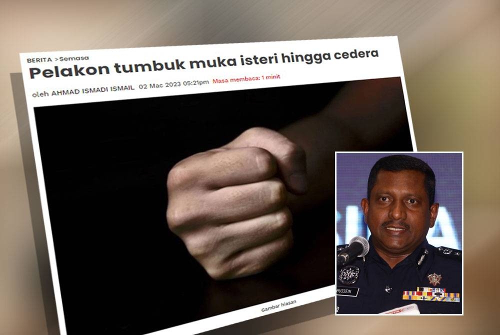 Khamis lalu, isteri kepada pelakon terbabit membuat laporan polis di Balai Polis Jinjang mendakwa ditumbuk suaminya beberapa kali sehingga cedera di bahagian mata. Gambar kecil: Hussein