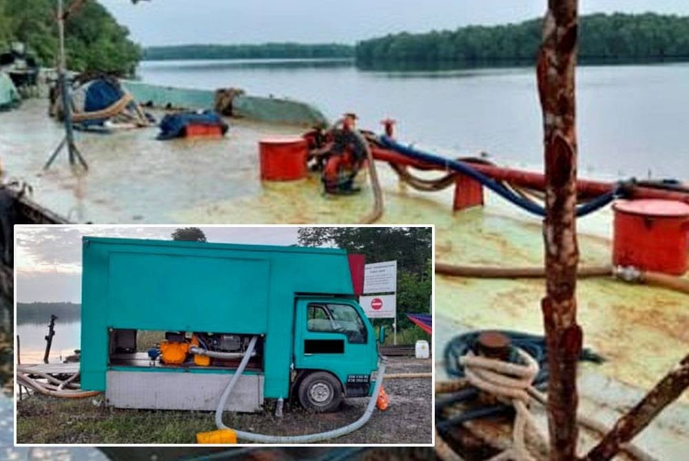Sebuah kapal tangki turut dirampas di Kompartment 35, Hutan Simpan Sungai Santi, Pengerang pada Isnin.Gambar kecil: Sebuah lori sedang mengepam diesel bersubsidi masuk ke tangki sebuah kapal ditahan di Kompartment 35, Hutan Simpan Sungai Santi, Pengerang, Kota Tinggi pada Isnin.