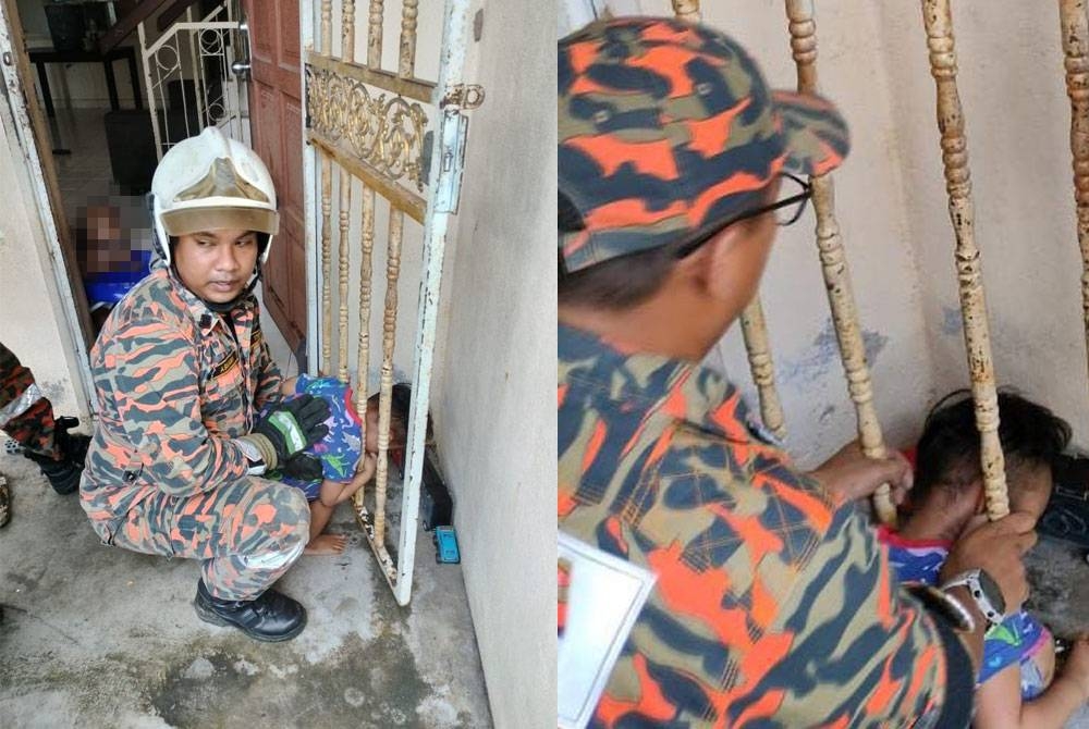 Anggota bomba berusaha menyelamatkan seorang kanak-kanak berusia tiga tahun apabila kepalanya tersekat pada jeriji pintu rumah di Bandar Puncak Alam pada Rabu.