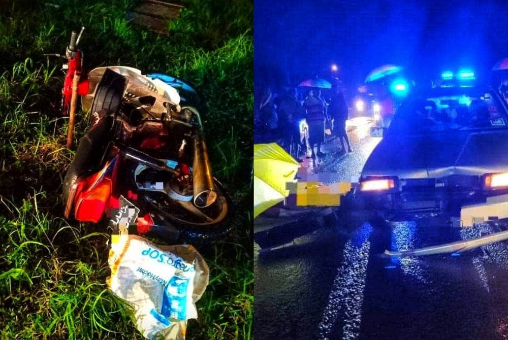 Gambar kiri: Keadaan motosikal mangsa yang remuk akibat kemalangan pada Rabu. Foto Ihsan PDRM. Gambar kanan: Sebuah motosikal dan kereta bertembung di jalan lama Kuala Lumpur-Kuantan dekat Karak di sini pada Rabu. Foto ihsan PDRM