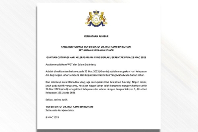 Kenyataan berhubung cuti ganti hari kelepasan am Johor pada 26 Mac ini.