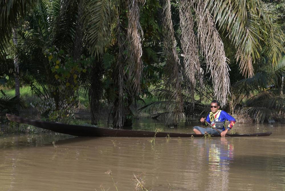 Penduduk di Kampung Parit Lapis Bangas, Sri Medan menggunakan ‘sampan kolek’ warisan keluarganya sebagai pengangkutan utama setelah rumahnya dilanda banjir. - Foto Bernama