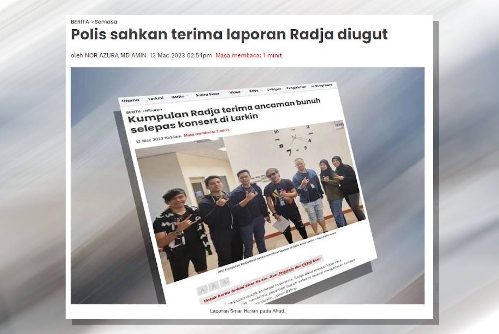 Polis Johor sebelum ini mengesahkan telah menerima laporan berhubung dakwaan kumpulan muzik terkenal Indonesia, Radja menerima ugutan jenayah dan kata-kata kesat.