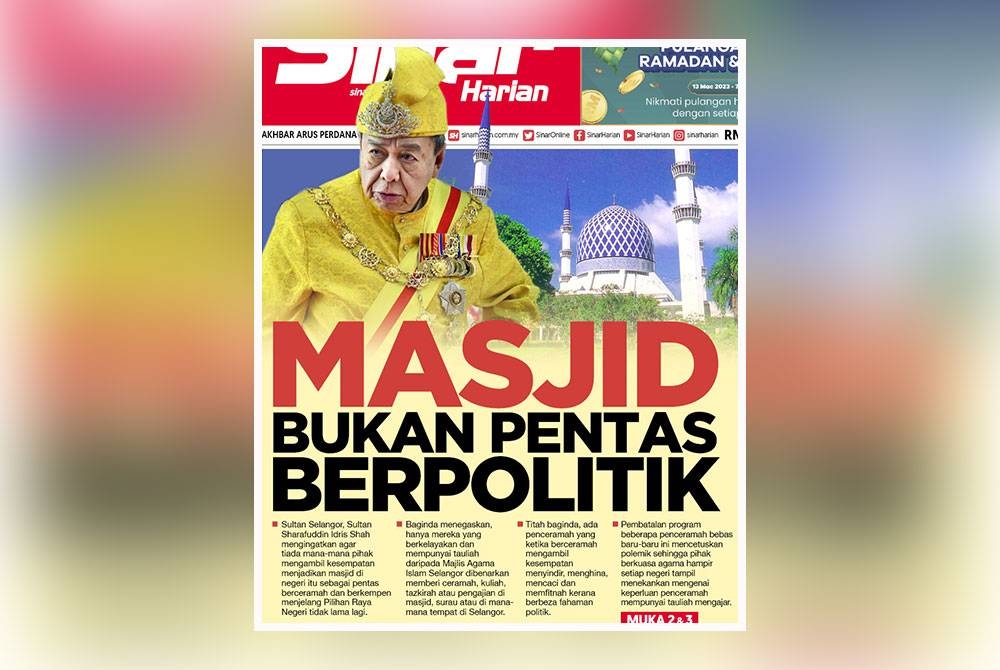 Keratan muka depan akhbar Sinar Harian pada Selasa.