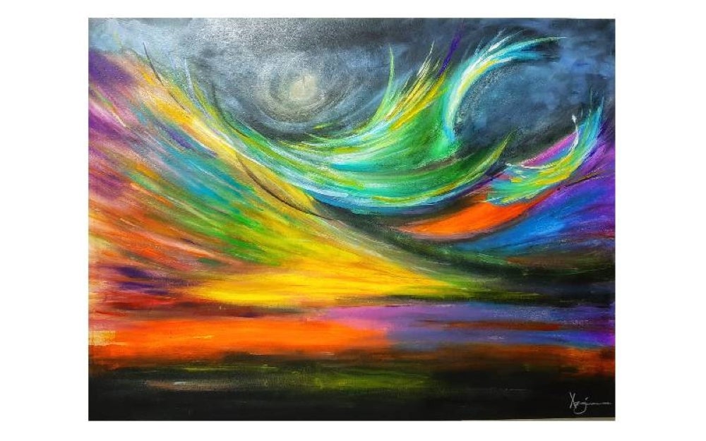 4.Azrin gemar bermain dengan tema dan subjek alam dalam setiap karya lukisannya. Lukisan bertajuk Terbang Pulang ini menampilkan mesej setiap yang bernafas akan pulang ke tempat berteduh masing-masing menjelang senja.