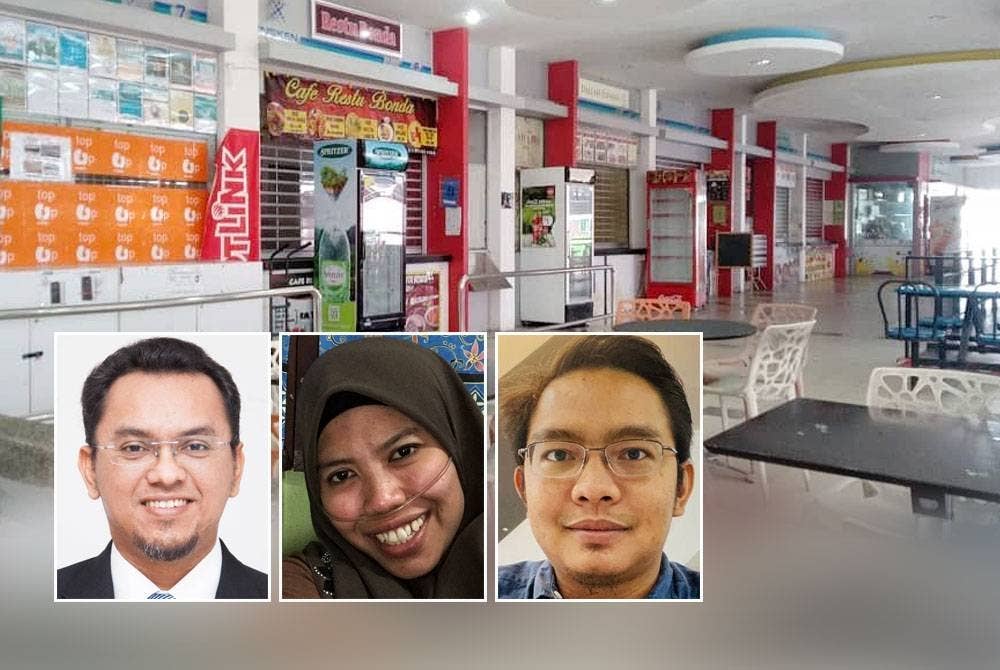 Peniaga di Kafeteria UMP mendakwa kadar sewa dinaikan sehingga 300 peratus dan caj enam peratus jualan membebankan mereka. Gambar kecil dari kiri: Syed Mohamad Hamzah, Juliza, Azwan Affandi