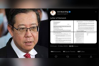 Guan Eng (kiri) berkongsi surat tuntutan kepada Muhyiddin di Twitter miliknya.