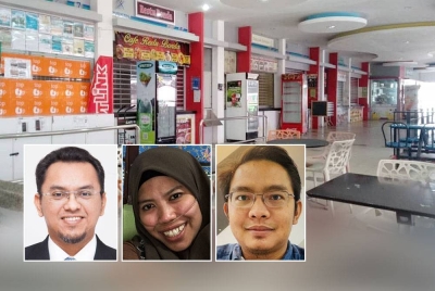 Peniaga di Kafeteria UMP mendakwa kadar sewa dinaikan sehingga 300 peratus dan caj enam peratus jualan membebankan mereka. Gambar kecil dari kiri: Syed Mohamad Hamzah, Juliza, Azwan Affandi