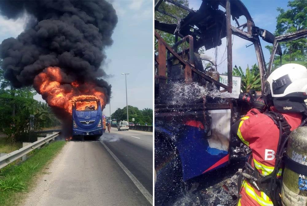 Sebuah bas terbakar dalam kejadian di Jalan Bukit Changgang di sini pada Khamis.
