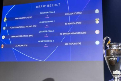 Keputusan undian suku akhir Liga Juara-Juara yang berlangsung di ibu pejabat UEFA di Nyon, Switzerland sebentar tadi. - Foto EPA