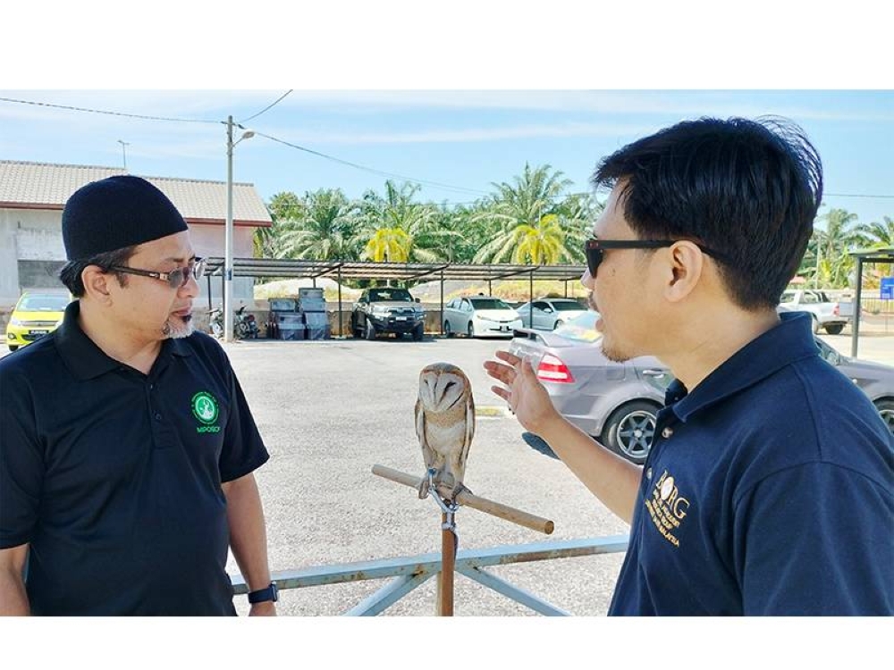 Dr. Hasber (kanan) memberi penerangan kepada Zamakhshari berhubung penggunaan burung pungguk jelapang bagi mengawal populasi tikus perosak di ladang kelapa sawit.