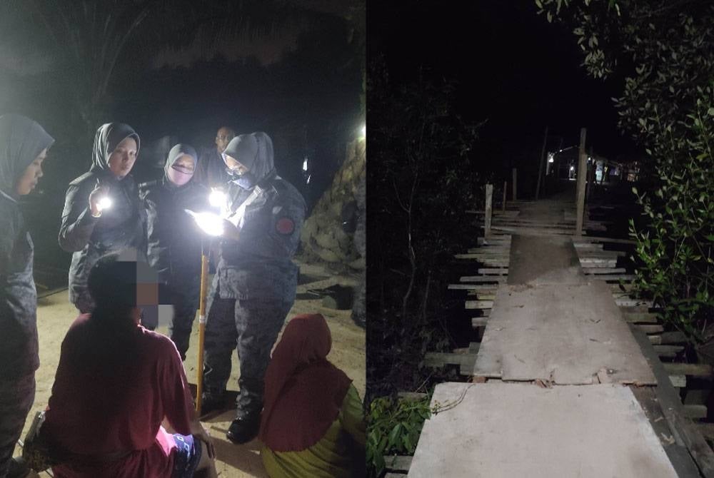 Pegawai JIM menjalankan proses dokumentasi terhadap warga asing yang ditahan dalam serbuan di Air Hitam, Klang pada Jumaat. Gambar kanan: Keadaan jambatan yang uzur merisikokan petugas operasi serbuan di penempatan PATI di Air Hitam, Klang pada Jumaat.