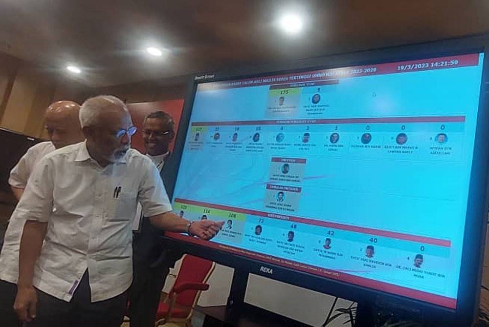 Shahrir menunjukkan keputusan rasmi jawatan tertinggi UMNO ketika sidang media Di Menara Dato' Onn pada Ahad.