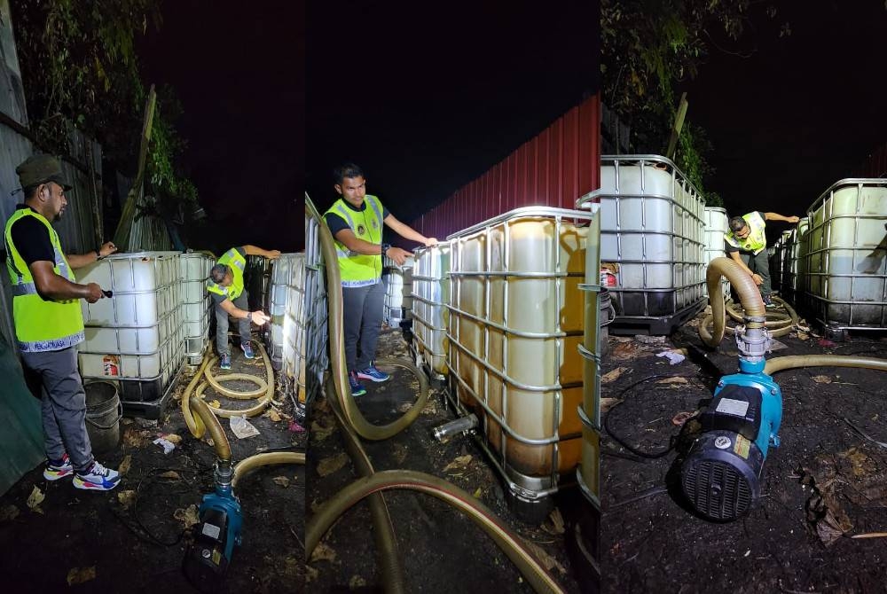 Anggota penguat kuasa KPDN memeriksa minyak diesel bersubsidi dan peralatan digunakan pihak tidak bertanggungjawab dalam satu serbuan di Semenyih, Selangor pada Selasa.