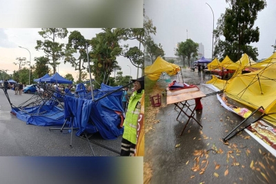 Keadaan khemah yang rosak di bazar Ramadan berhadapan pasar raya Lotus pada petang Khamis.