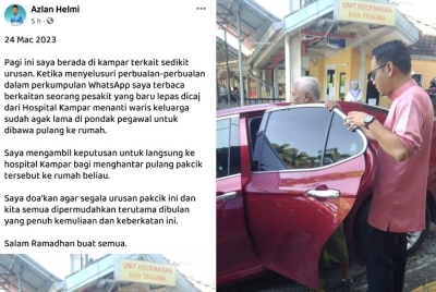 (Gambar kiri: Hantaran Mohd Azlan di Facebook pada Jumaat.) Mohd Azlan (kanan) menumpangkan seorang warga emas yang baharu discaj dari Hospital Kampar untuk pulang ke rumahnya di Kampung Tualang Sekah pada Jumaat.