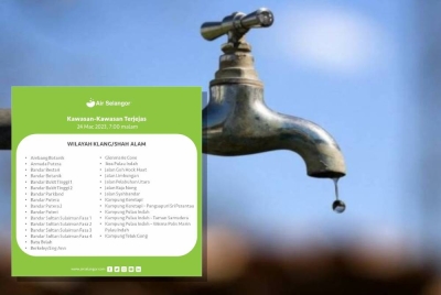 Sebanyak 55 kawasan di Shah Alam dan Klang mengalami gangguan bekalan air akibat paip pecah. - Gambar hiasan