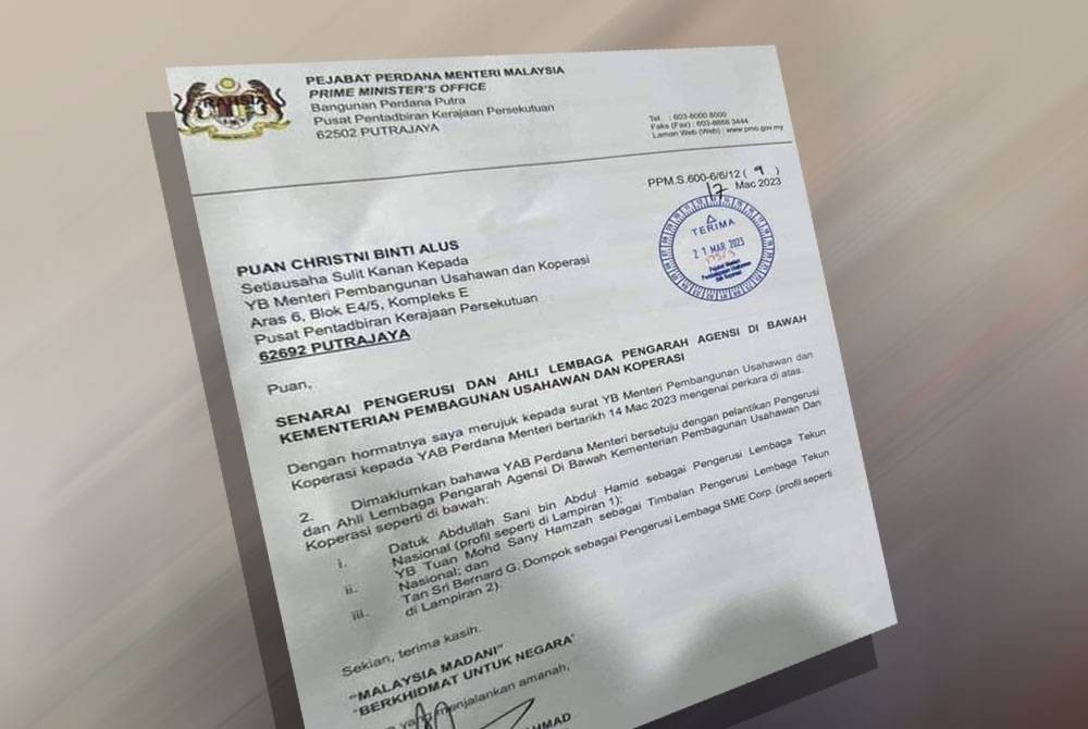 Tular surat makluman pelantikan tiga pemimpin politik bagi menerajui agensi di bawah Kementerian Pembangunan Usahawan dan Koperasi.