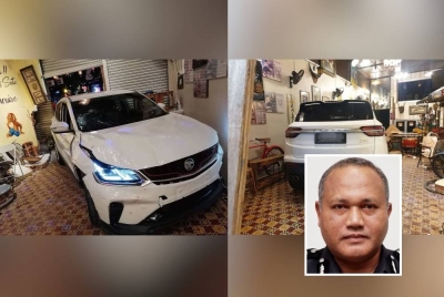 Keadaan sebuah kereta yang merempuh masuk sebuah kedai di Jalan Bandar Timah, Ipoh pada Sabtu akibat kecuaian tertekan pedal minyak. Keadaan Proton X50 yang merempuh sebuah kedai di Jalan Bandar Timah, Ipoh pada Sabtu. - Foto Ihsan Pembaca (Gambar kecil: Yahaya)