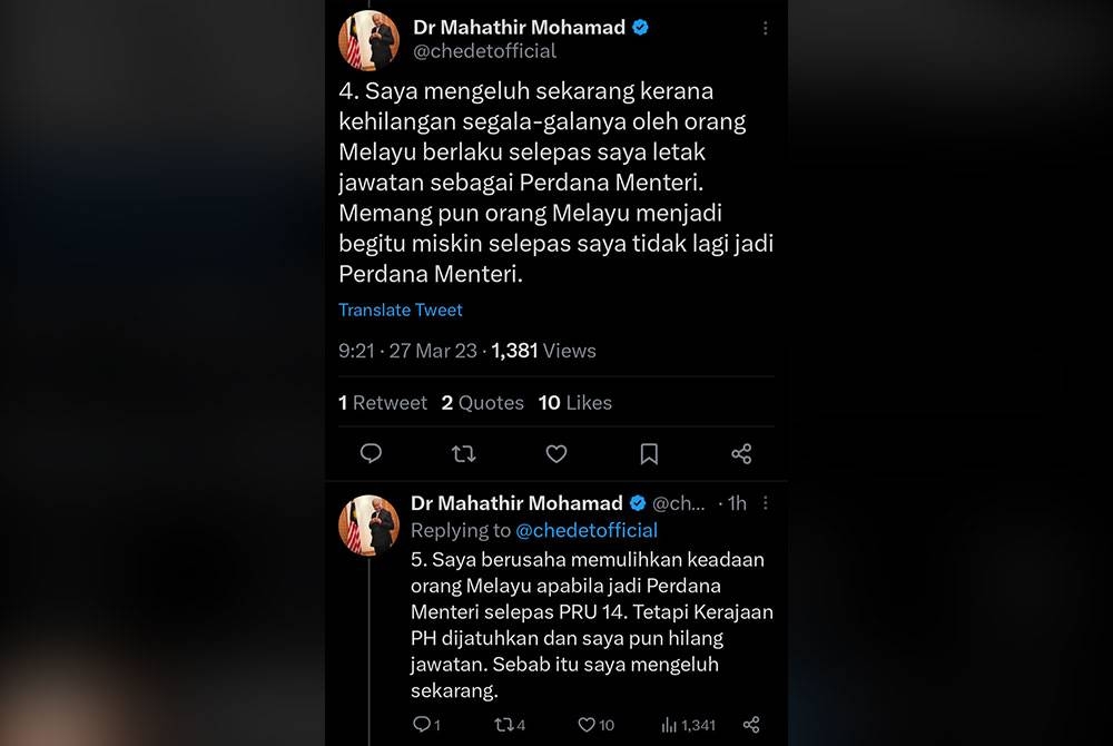 Tangkap layar ciapan di Twitter Dr Mahathir