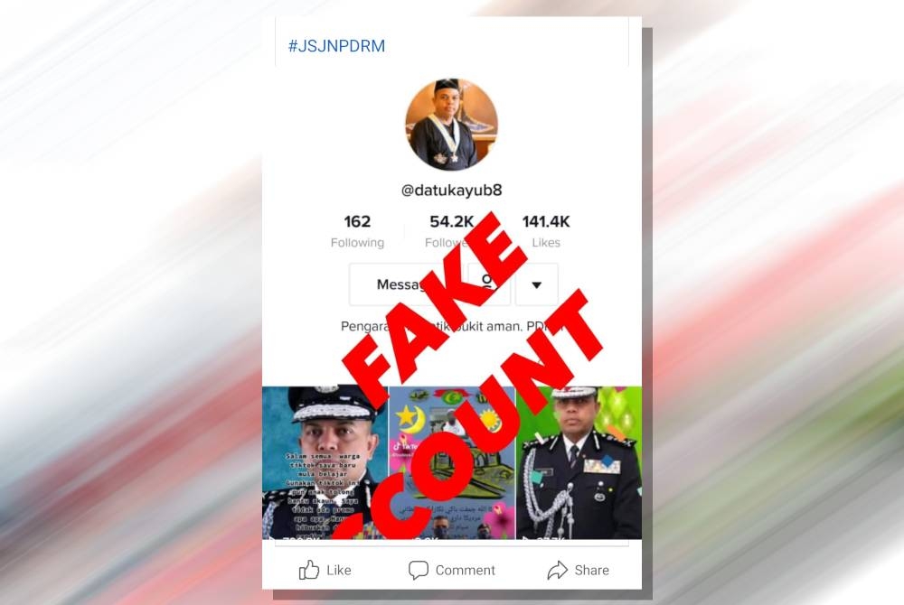 PDRM menafikan sebuah akaun TikTok palsu menggunakan nama Ayob bagi menarik pengikut di aplikasi berkenaan.