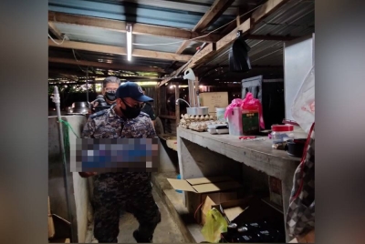 Pegawai Penguat kuasa MPKB-BRI membawa tin arak yang disimpan di bahagian belakang premis.