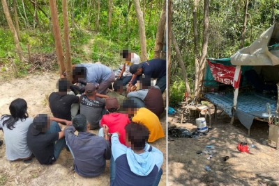 Seramai 18 lelaki ditahan dalam serbuan itu. Gambar kanan: Sebuah pondok kecil yang dibina di kebun getah di Felda Jelai 4, Gemas di sini dikesan dijadikan 'port' penagih melepas gian pada Jumaat.