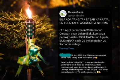 Orang ramai perlu menghormati peranan ahli astronomi dan pihak berautoriti dalam penentuan tarikh hari raya dan bukannya buat andaian sendiri. - Gambar hiasan 123RF, Tangkap layar akaun Twitter @majalahsains