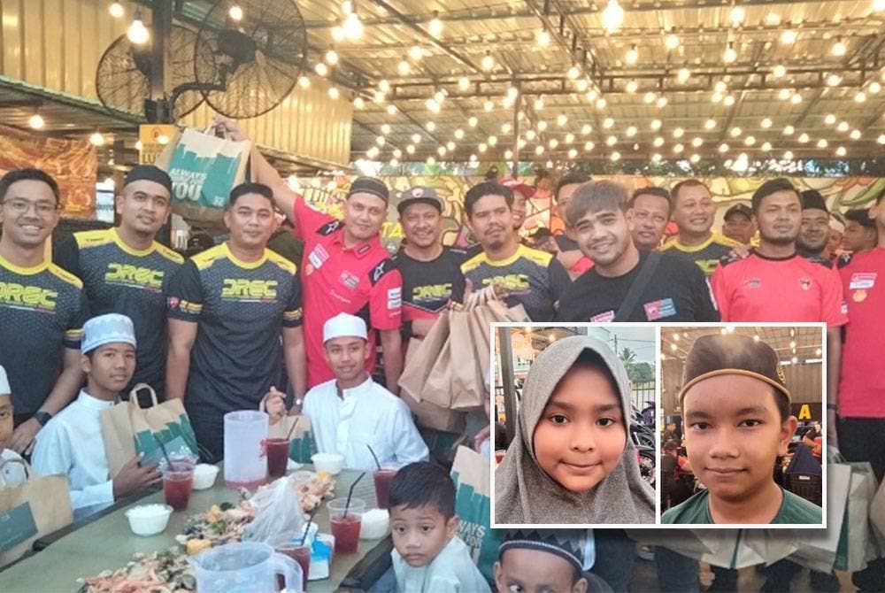 Mohd Shahmi (tiga dari kiri) bersama pelajar tahfiz yang menerima sumbangan daripada Kelab Ducati Kelantan. (Gambar kecil: Syaza Alisha dan Mohd Irsyad Isqandar)