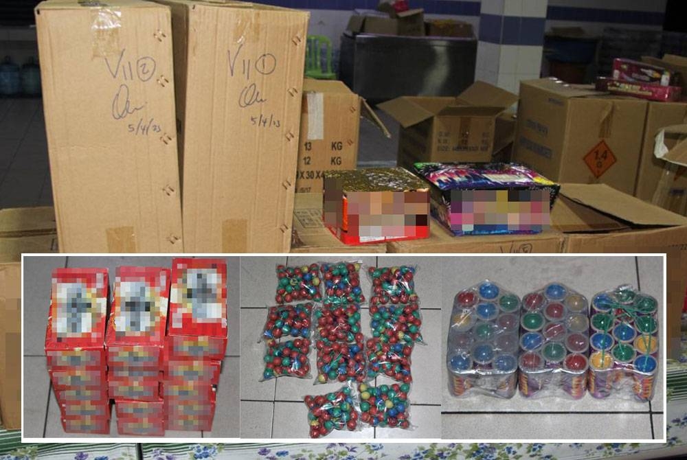 Sebahagian bunga api dan mercun dirampas polis menerusi serbuan di Taman Seroja, Sepang pada Rabu sekitar jam 7 malam.